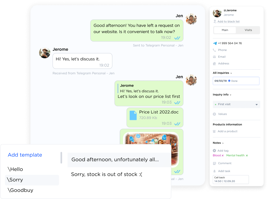 Telegram chat, customer info, and quick replies templates in Umnico