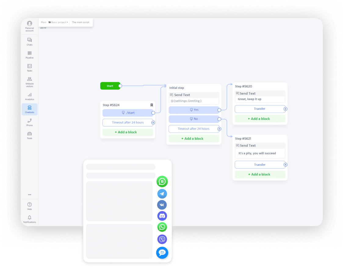 Chatbot builder in Umnico Inbox and the instant messengers widget for a website