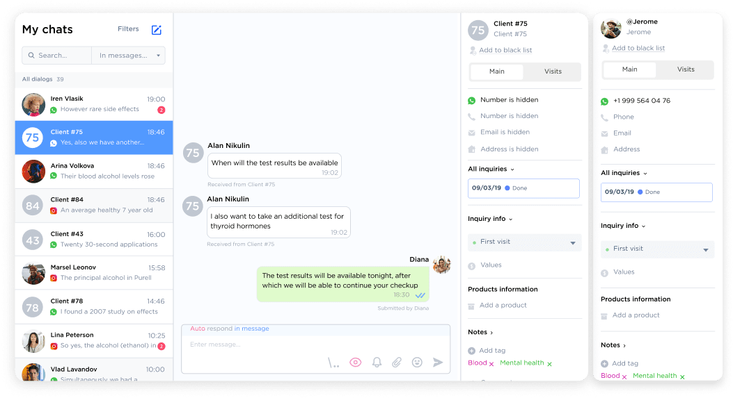Chat records and client cards in Umnico