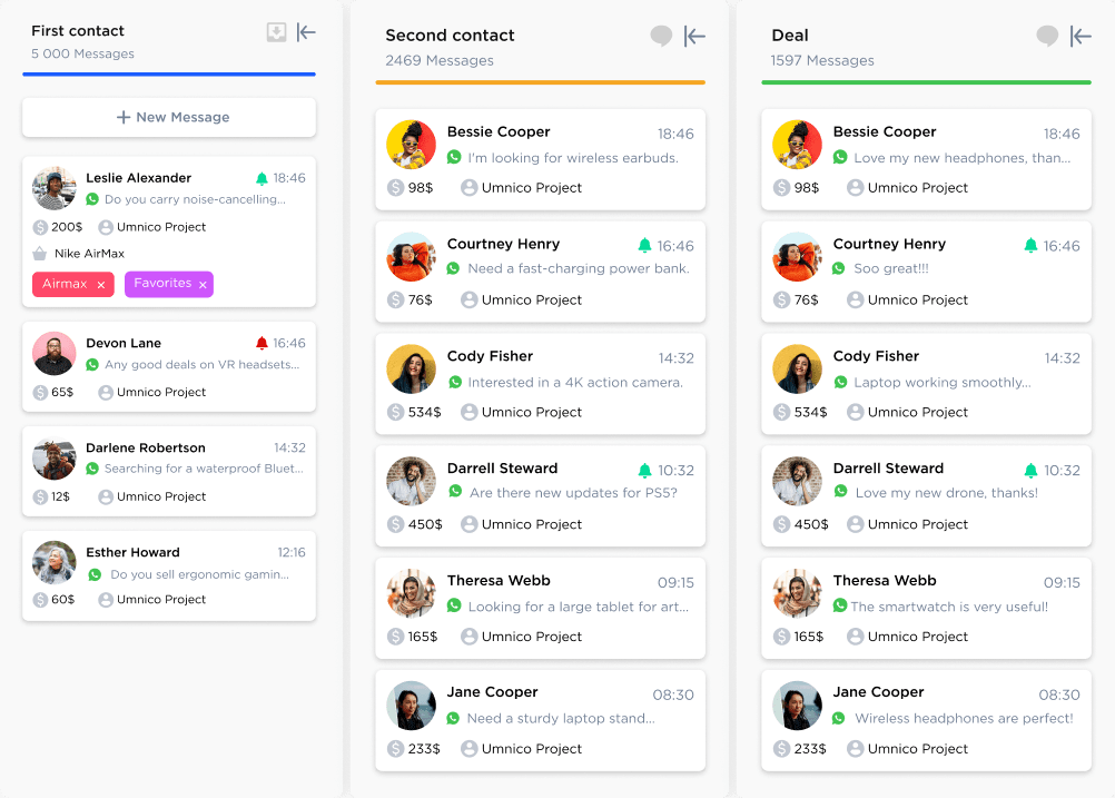 All incoming messages in Kanban-style digital pipeline of Umnico Inbox